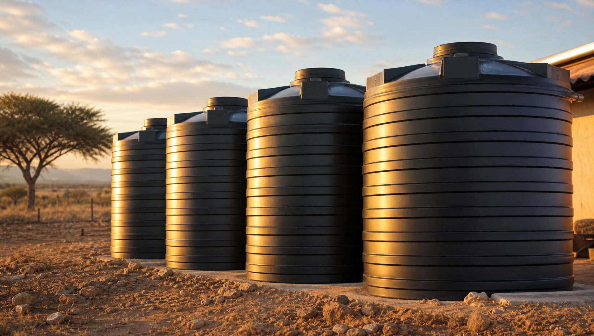 Mama Tank water storage tanks at golden hour in South Africa